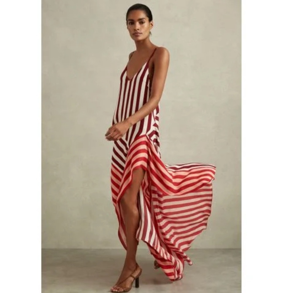 Reiss Red and White Striped High-Low Slip Dress